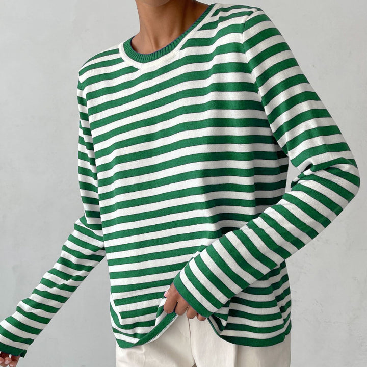Damen gestreifter Langarm-Sweater mit Rundhalsausschnitt und weitem Schnitt Drune
