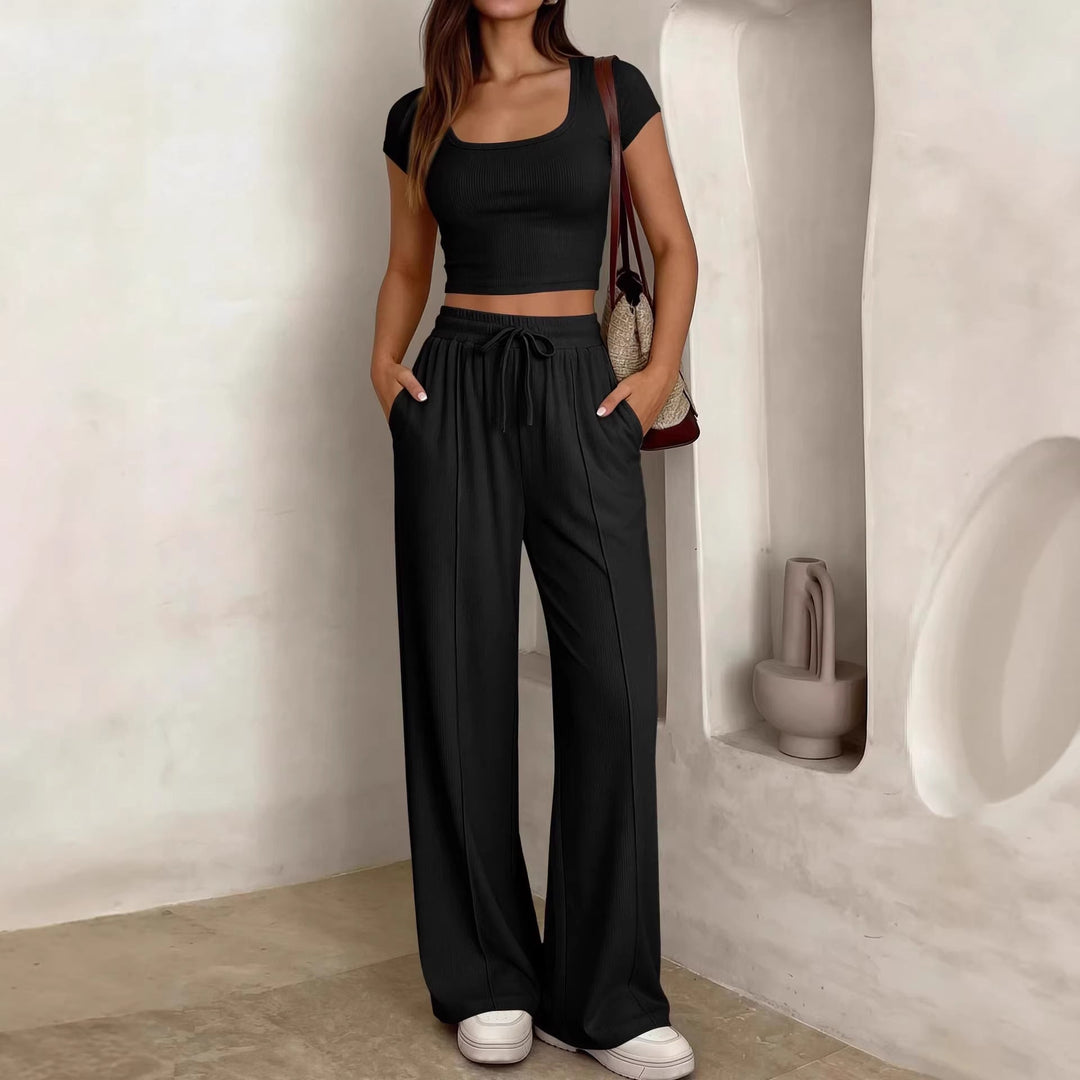 Damen lässiges Cropped-Top und weite Hose Set Drune