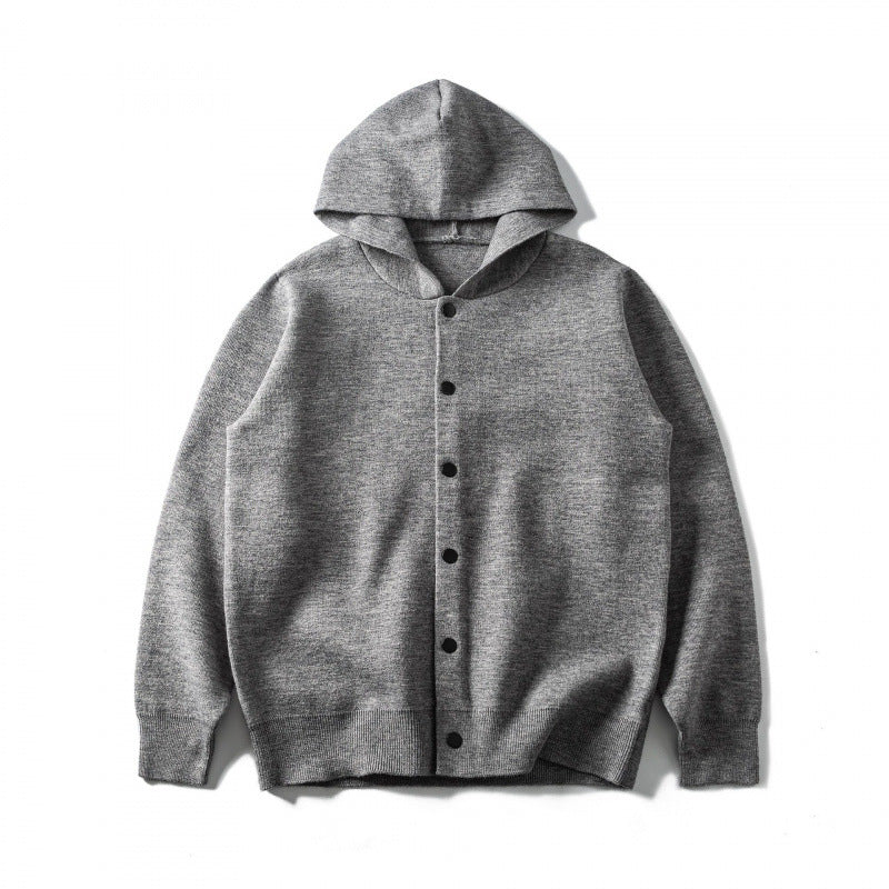 Unisex Kapuzen-Strickcardigan mit durchgehender Knopfleiste und gerippten Abschlüssen Drune