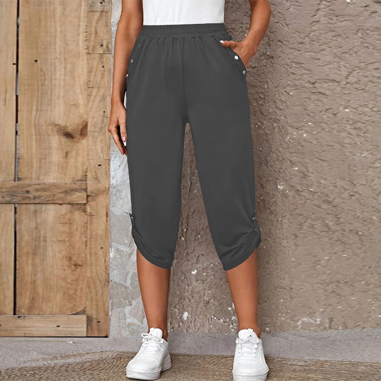 Damen nan lässige dreiviertellange Hose mit elastischem Bund, Eingrifftaschen und krempelbarem Saum Drune