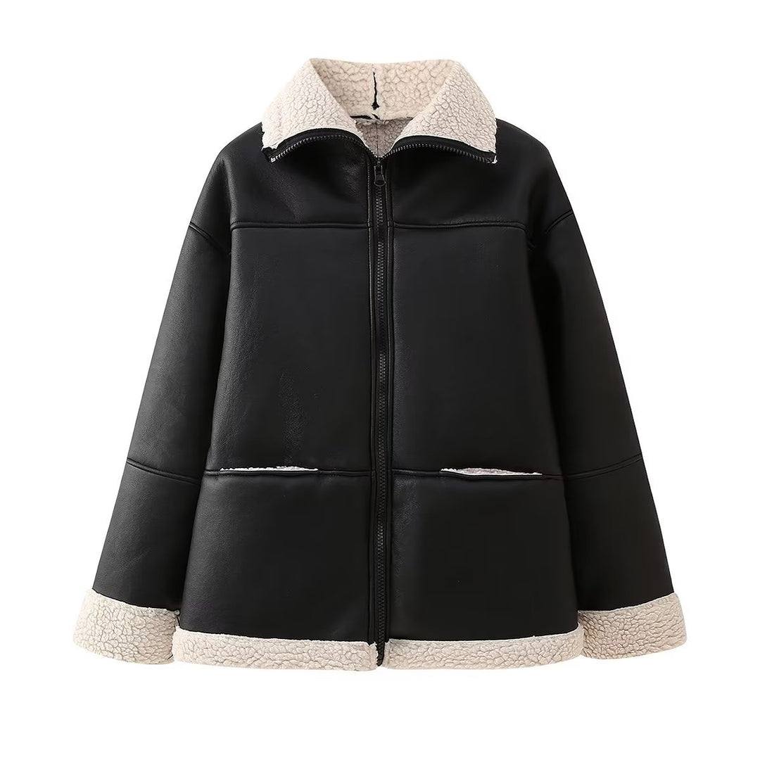 Damen nan oversized Aviator‑Blouson aus veganem Lederimitat mit Teddyfutter und verdecktem Reißverschluss Drune
