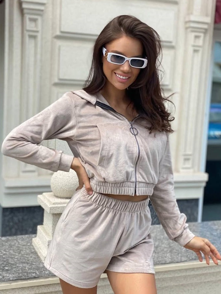 Damen modisches Cropped Hoodie- und kurze Hose-Set