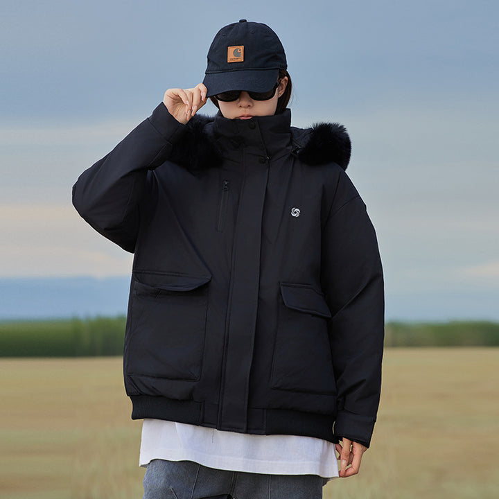 Damen isolierte Pufferjacke mit abnehmbarem Kunstfellkragen und großen Eingrifftaschen Drune