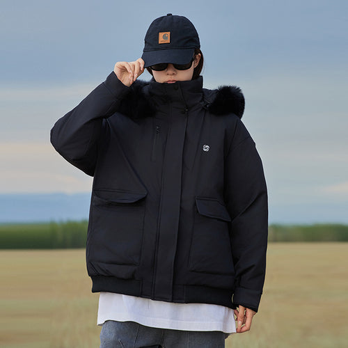 Damen isolierte Pufferjacke mit abnehmbarem Kunstfellkragen und großen Eingrifftaschen Drune