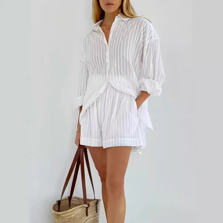 Damen lässiges Oberteil und Shorts-Set mit feinen Streifen Drune