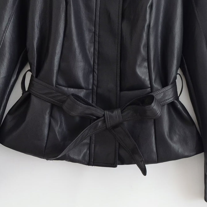 Damen Taillierte Lederoptik-Jacke mit Bindegürtel und Ballonärmeln Drune