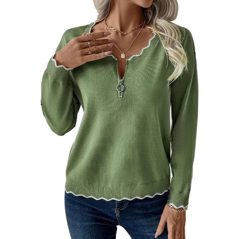 Damen Feinstrick-Pullover mit Reißverschluss-Kragen und gewellter Kontrastkante Drune