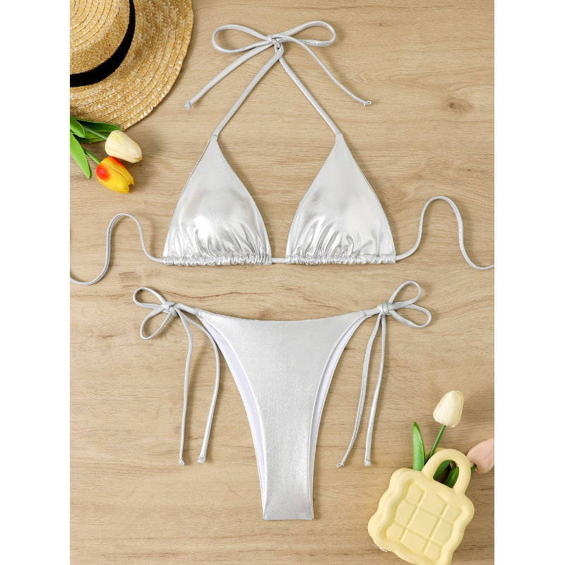 Damen Glänzender Triangel-Bikini mit verstellbaren Trägern Drune