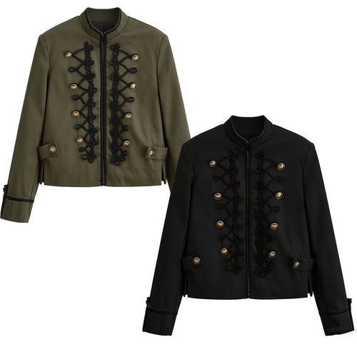 Damen Militärinspirierte Kurzjacke mit Stehkragen, Zierkordeln und Goldknöpfen Drune