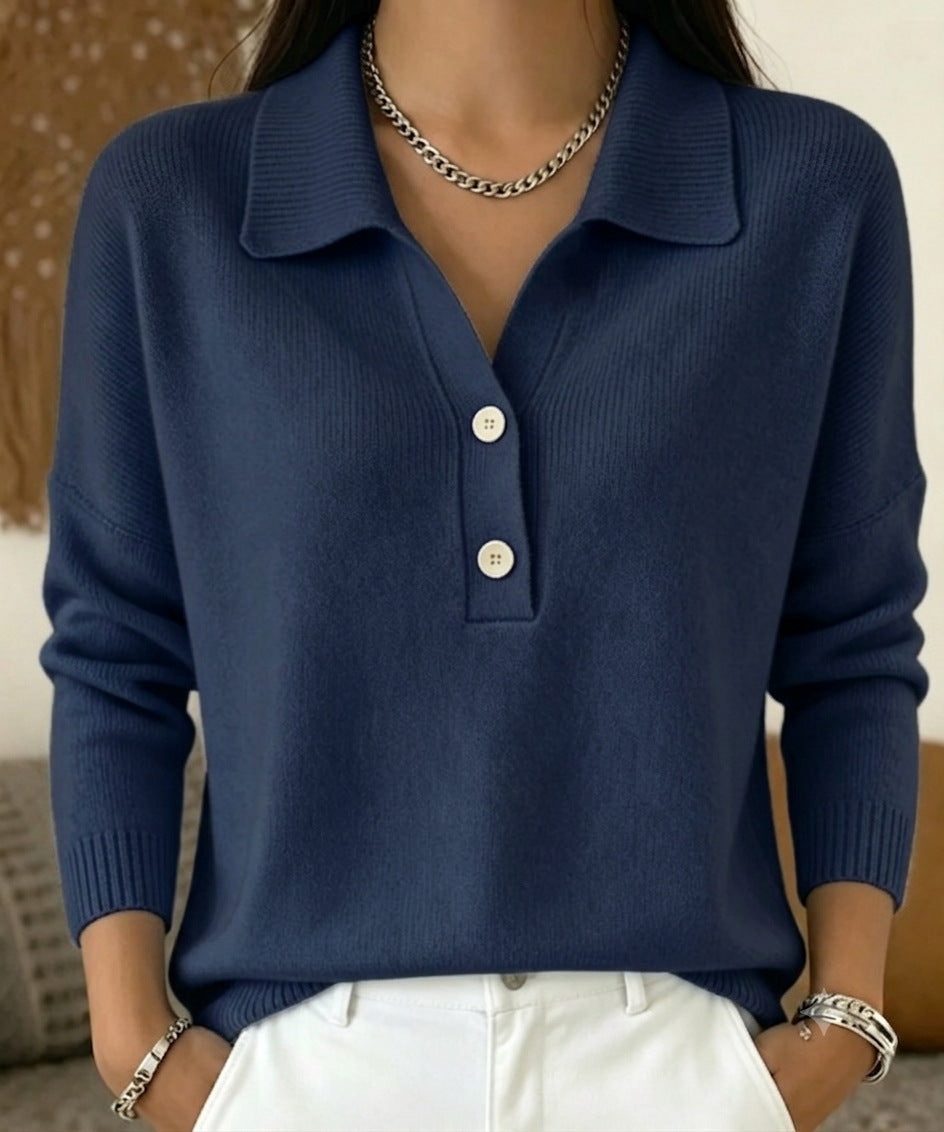 Damen Polokragen-Pullover mit halber Knopfleiste und geripptem Saum Drune