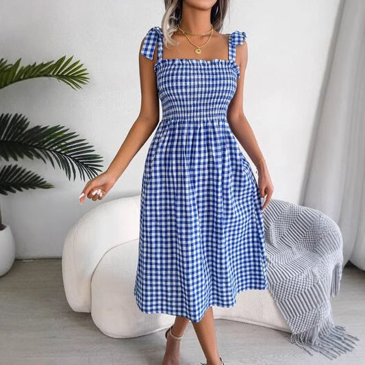Damen lässiges kariertes A-Linien Kleid mit schmalen Trägern Drune