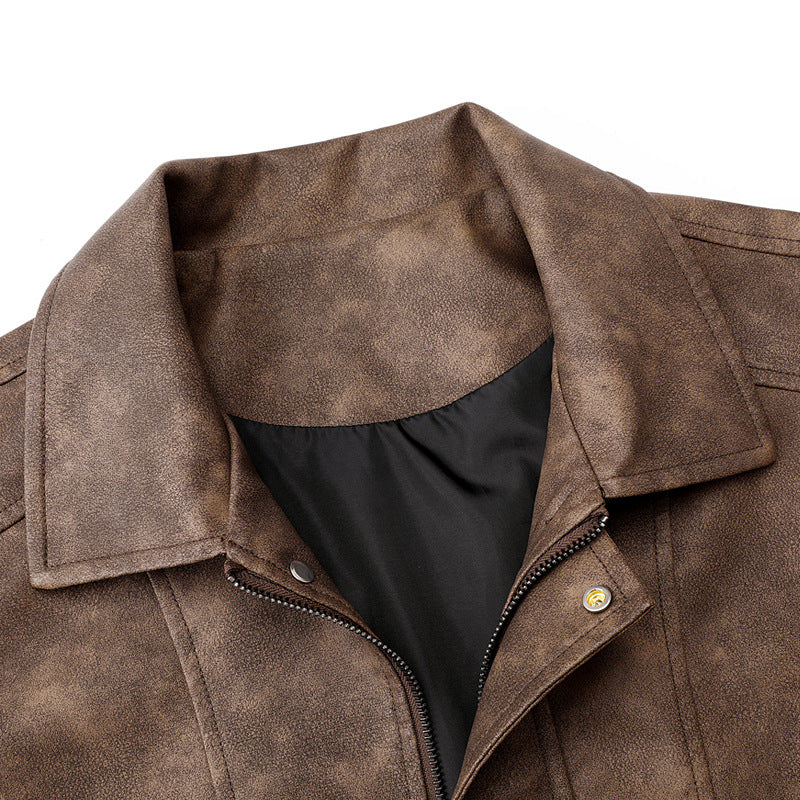 Männer's  distressed Kunstleder Zip-Vorderseite Kragenjacke mit elastischem Saum und gefütterten Taschen Drune