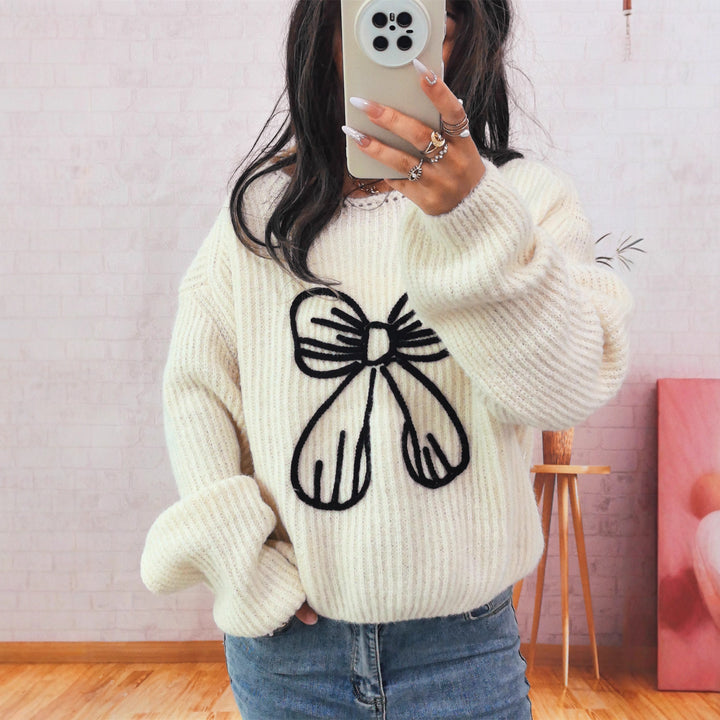 Damen Grobstrickpullover mit verspieltem Schleifenmotiv Drune