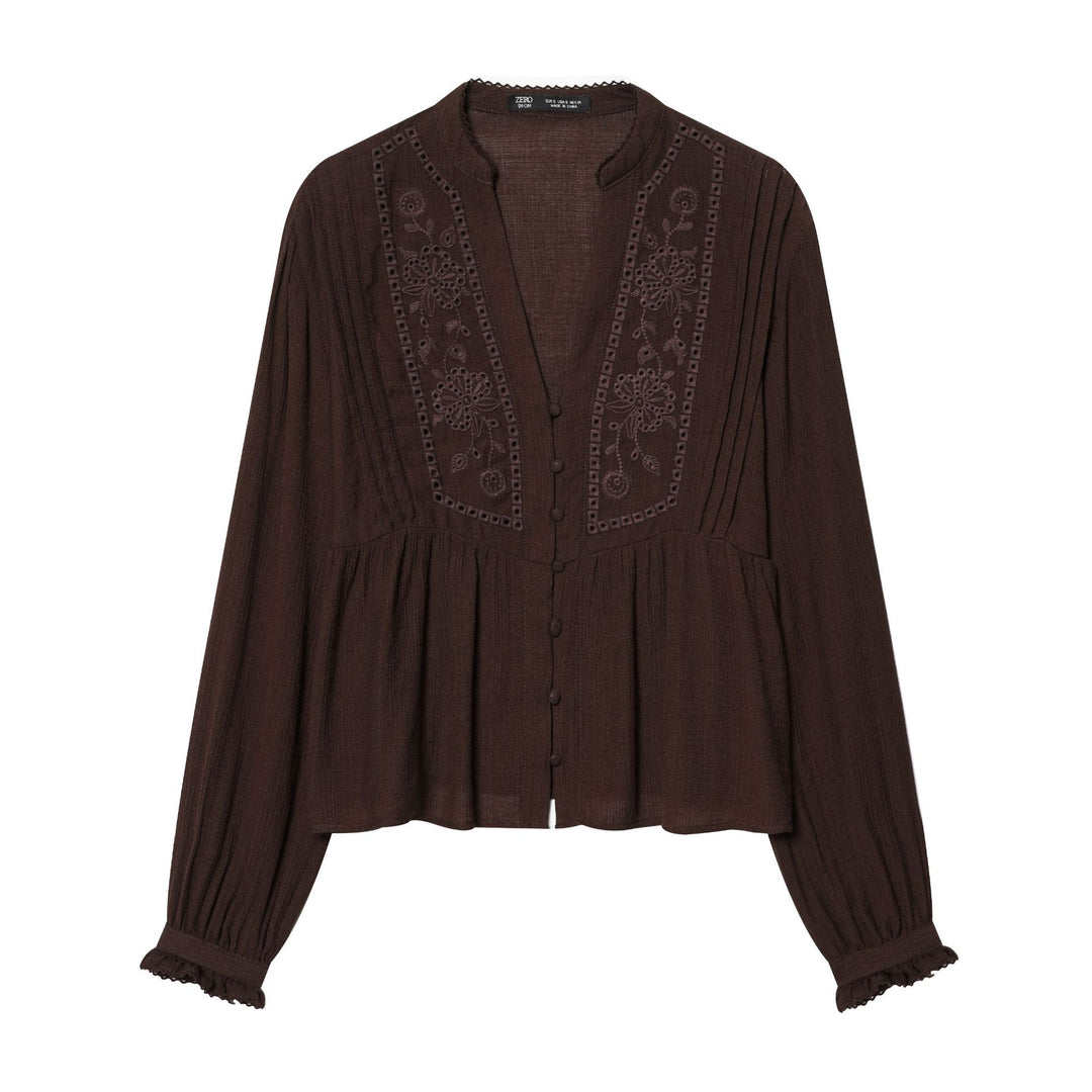 Damen nan leichte bestickte Baumwollbluse im Boho‑Stil mit Stehkragen, Zierknopfleiste und geraffter Empire‑Taille Drune