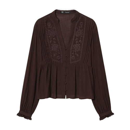 Damen nan leichte bestickte Baumwollbluse im Boho‑Stil mit Stehkragen, Zierknopfleiste und geraffter Empire‑Taille Drune