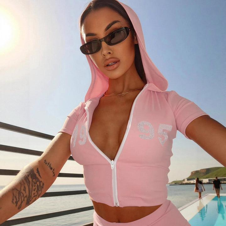 Damen sportliches Zweiteiliges Set mit Kapuzenoberteil und kurzen Shorts Drune