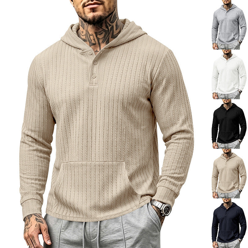 Herren Strukturiertes Kapuzen-Henley-Pullover mit Kängurutasche und Zopfstruktur Drune