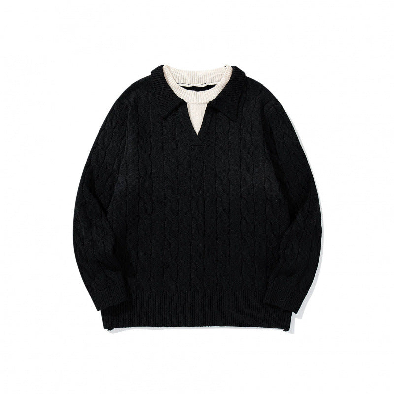 Herren Grobgestrickter Zopfmuster-Pullover mit Polokragen und V‑Ausschnitt Drune
