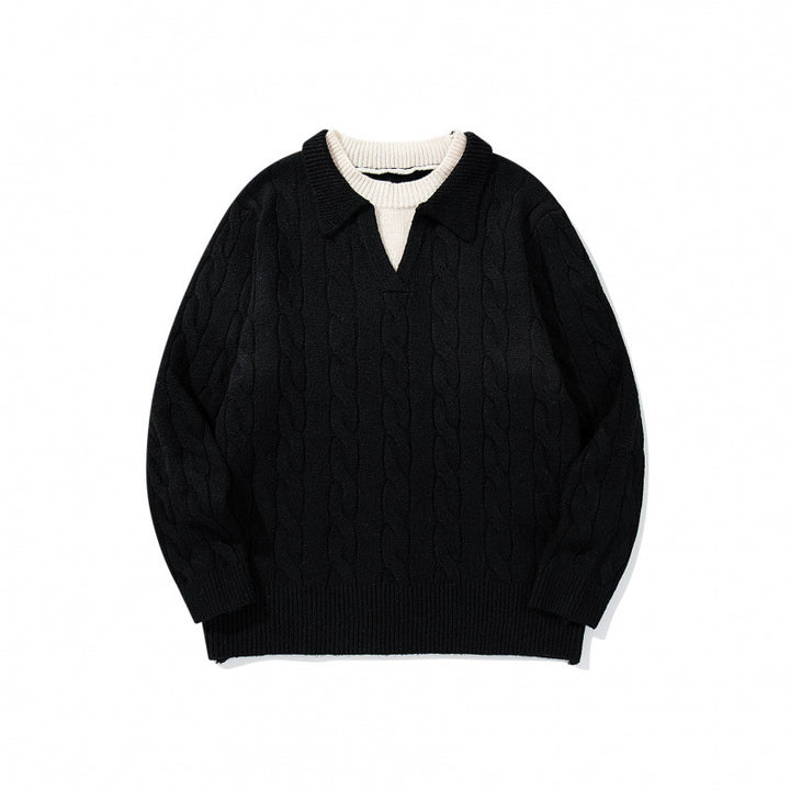Herren Grobgestrickter Zopfmuster-Pullover mit Polokragen und V‑Ausschnitt Drune