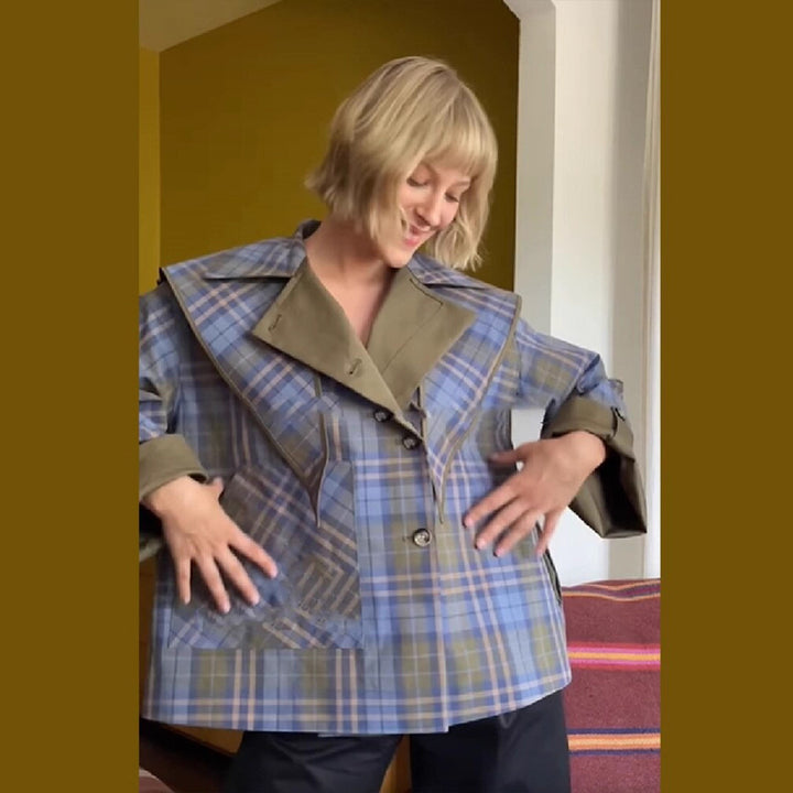 Damen modische Übergangsjacke mit Multi-Check-Muster und Stickdetails Drune
