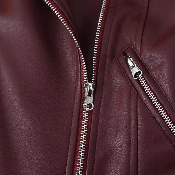Damen nan taillierte Bikerjacke aus veganem Lederimitat mit asymmetrischem Reißverschluss Drune