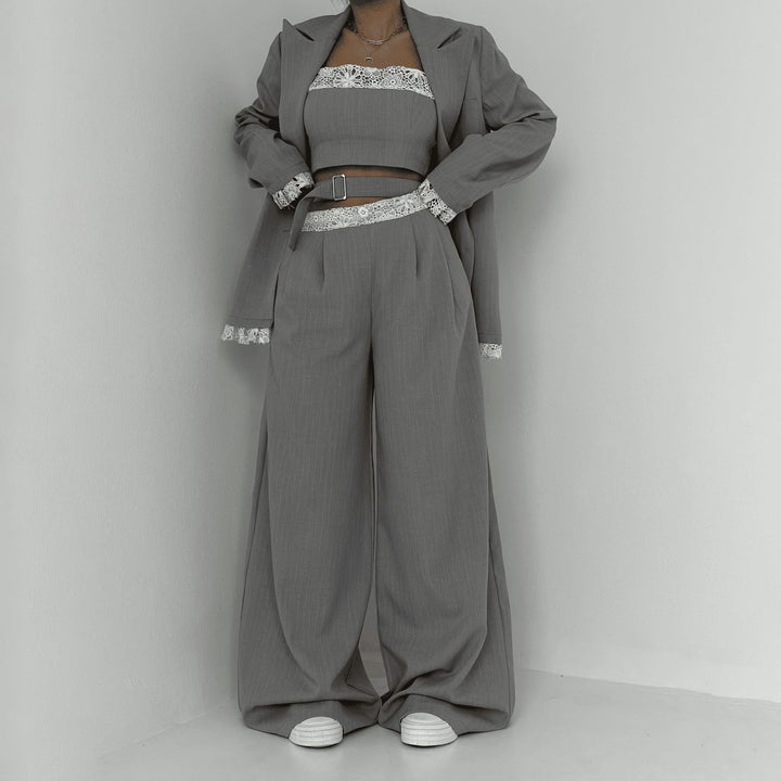 Damen Elegantes Zweiteiliges Set mit Spitzen-Details Drune