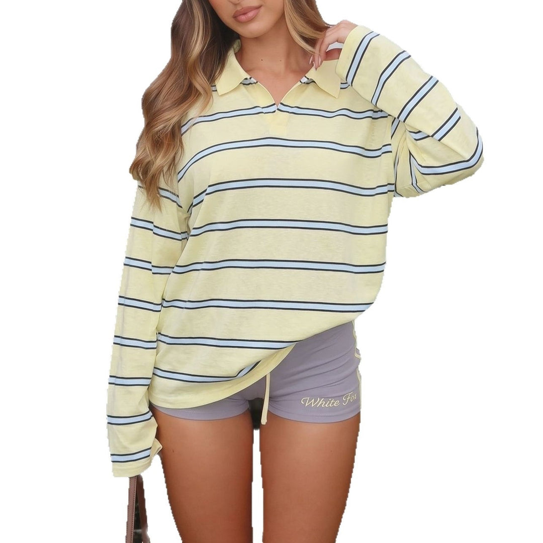 Damen Oversize-Poloshirt im Streifenlook mit langen Ärmeln Drune