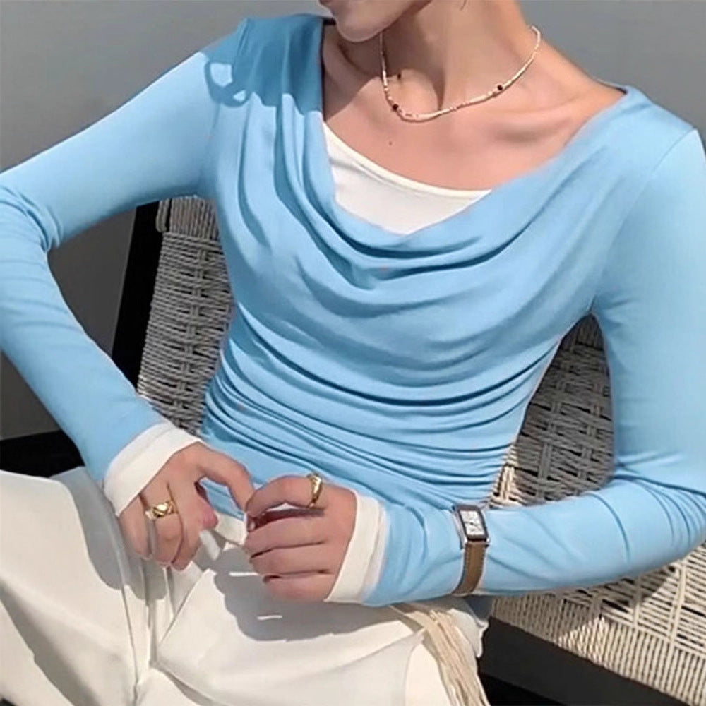 Damen figurbetontes Longsleeve mit elegantem Raffungseffekt und tiefem Ausschnitt Drune