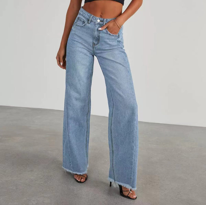Damen Jeans mit hoher Taille und weitem Bein sowie ausgefranstem Saum Drune