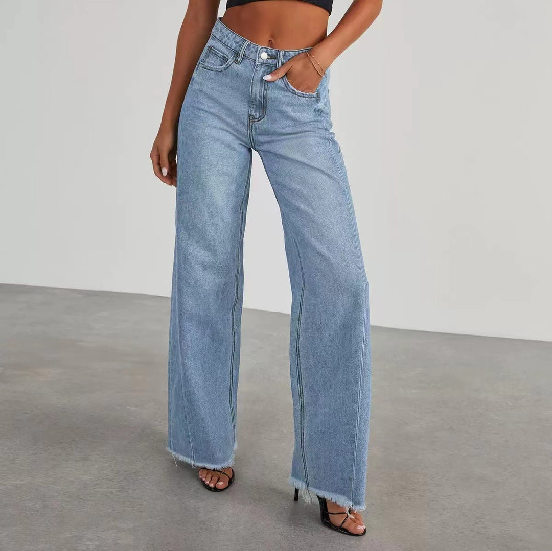 Damen Hochbund-Jeans mit weitem Bein und ausgefranstem Saum Drune