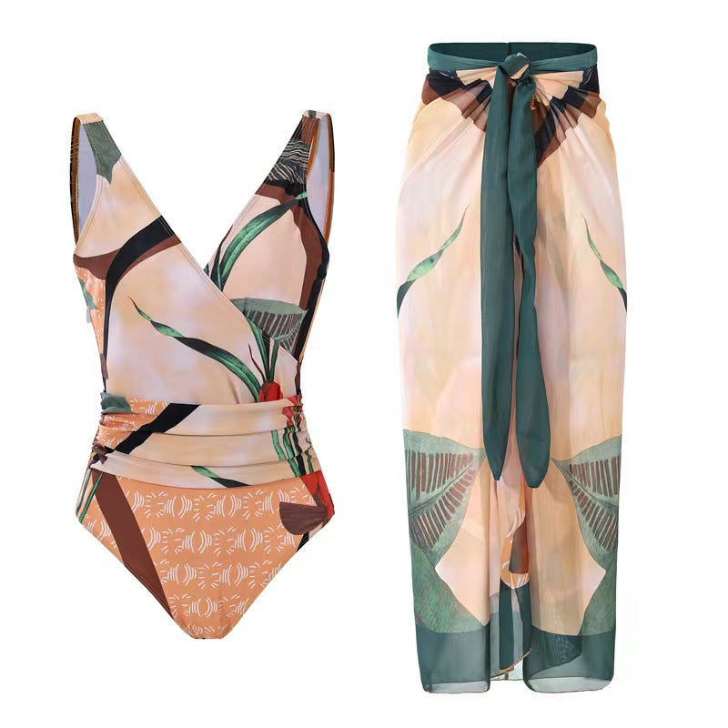 Damen Eleganter Wickel-Badeanzug mit floralen Designs und passendem Überrock Drune