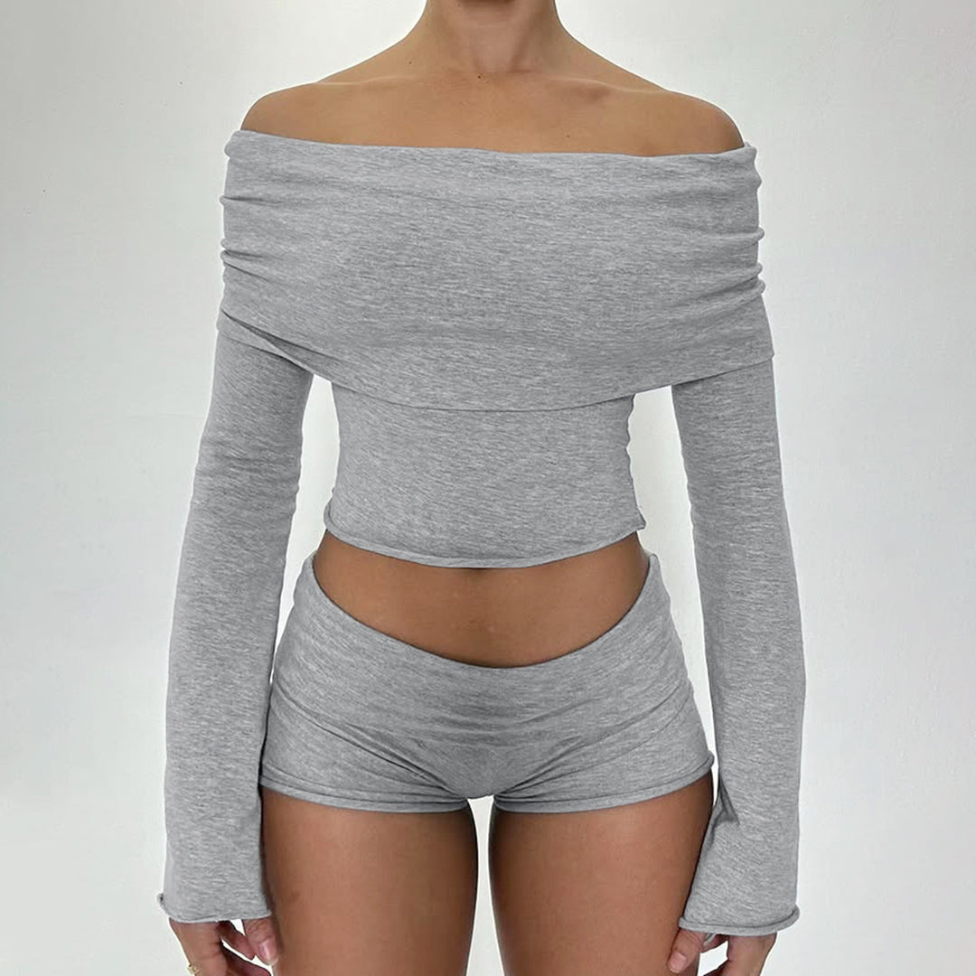 Damen nan Off-Shoulder Lounge-Set mit Langarm-Croptop und Highwaist-Shorts aus Stretchjersey Drune