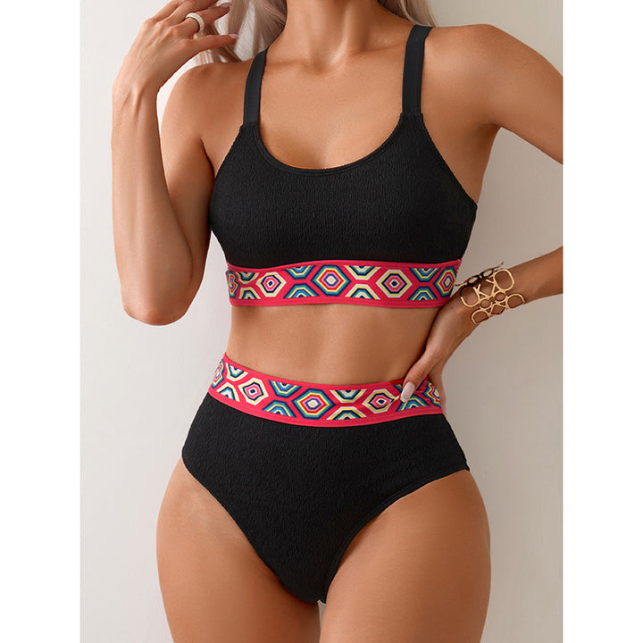 Damen Sportlicher Hochtaillen-Bikini mit buntem elastischen Bund Drune