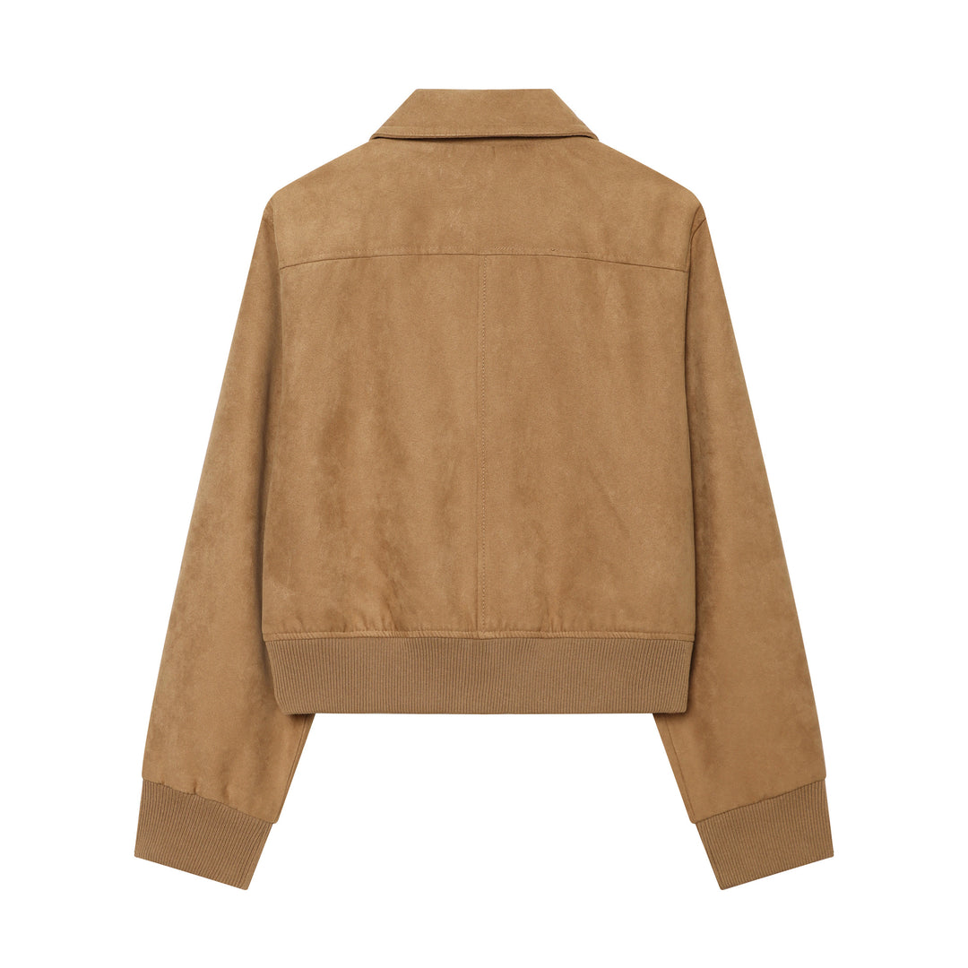 Damen Kurzer Veloursleder‑Bomber mit Reißverschluss, Pattentaschen und Rippsaum Drune