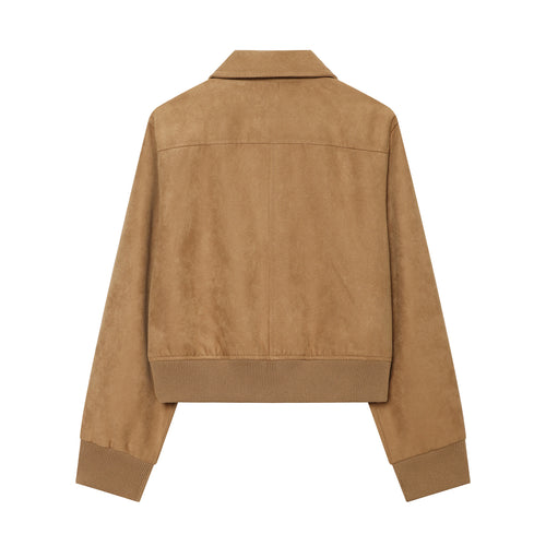 Damen Kurzer Veloursleder‑Bomber mit Reißverschluss, Pattentaschen und Rippsaum Drune