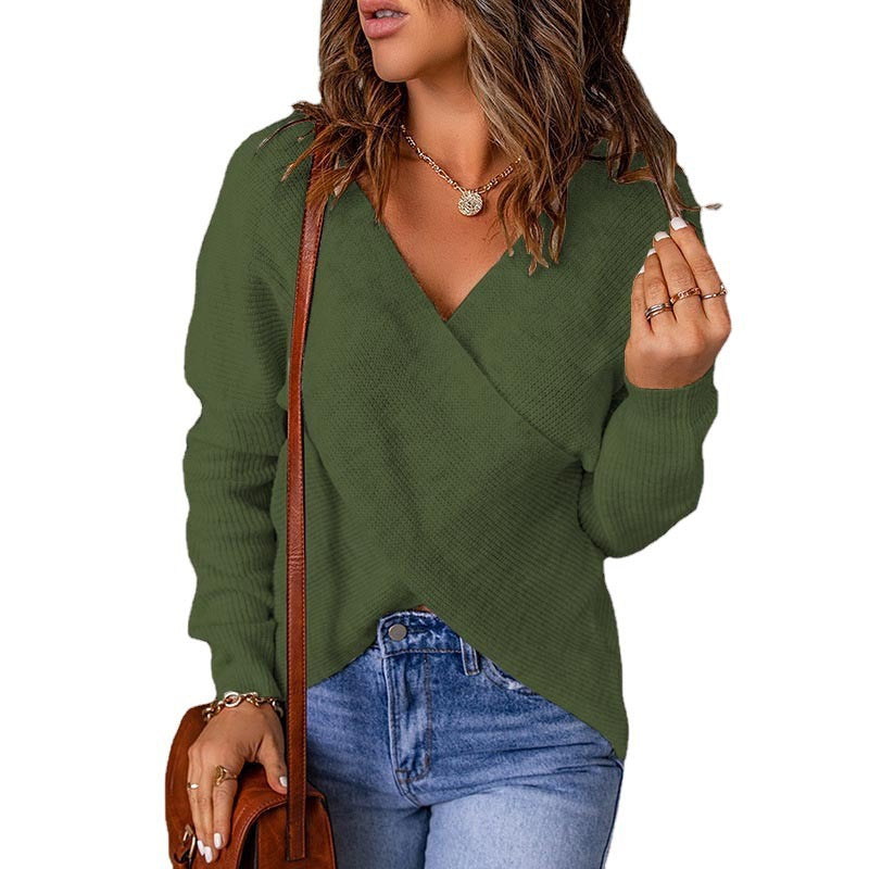 Damen lässiger Wickel-Pullover mit tiefem V-Ausschnitt und strukturiertem Gewebe Drune
