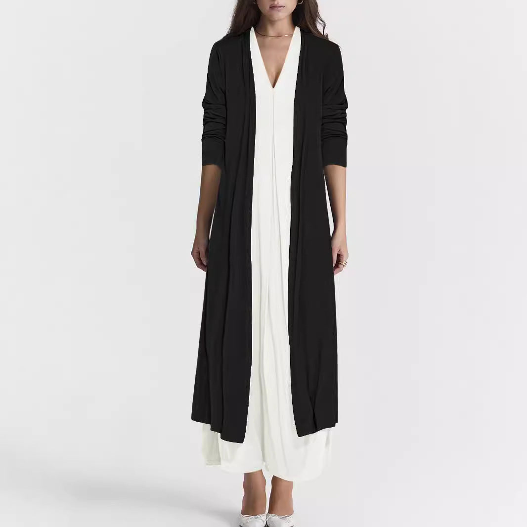 Damen Langer Offener Jersey-Cardigan mit Eingrifftaschen und fließender Drapierung Drune
