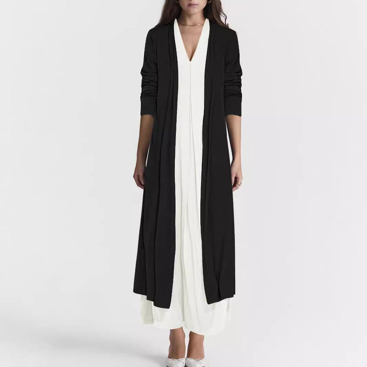 Damen Langer Offener Jersey-Cardigan mit Eingrifftaschen und fließender Drapierung Drune