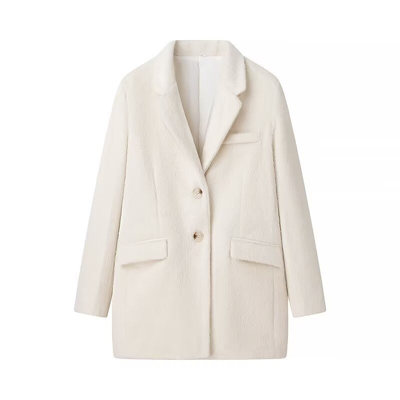 Damen nan minimalistischer midilanger Mantelblazer mit strukturierter Oberfläche, Reverskragen und Pattentaschen Drune
