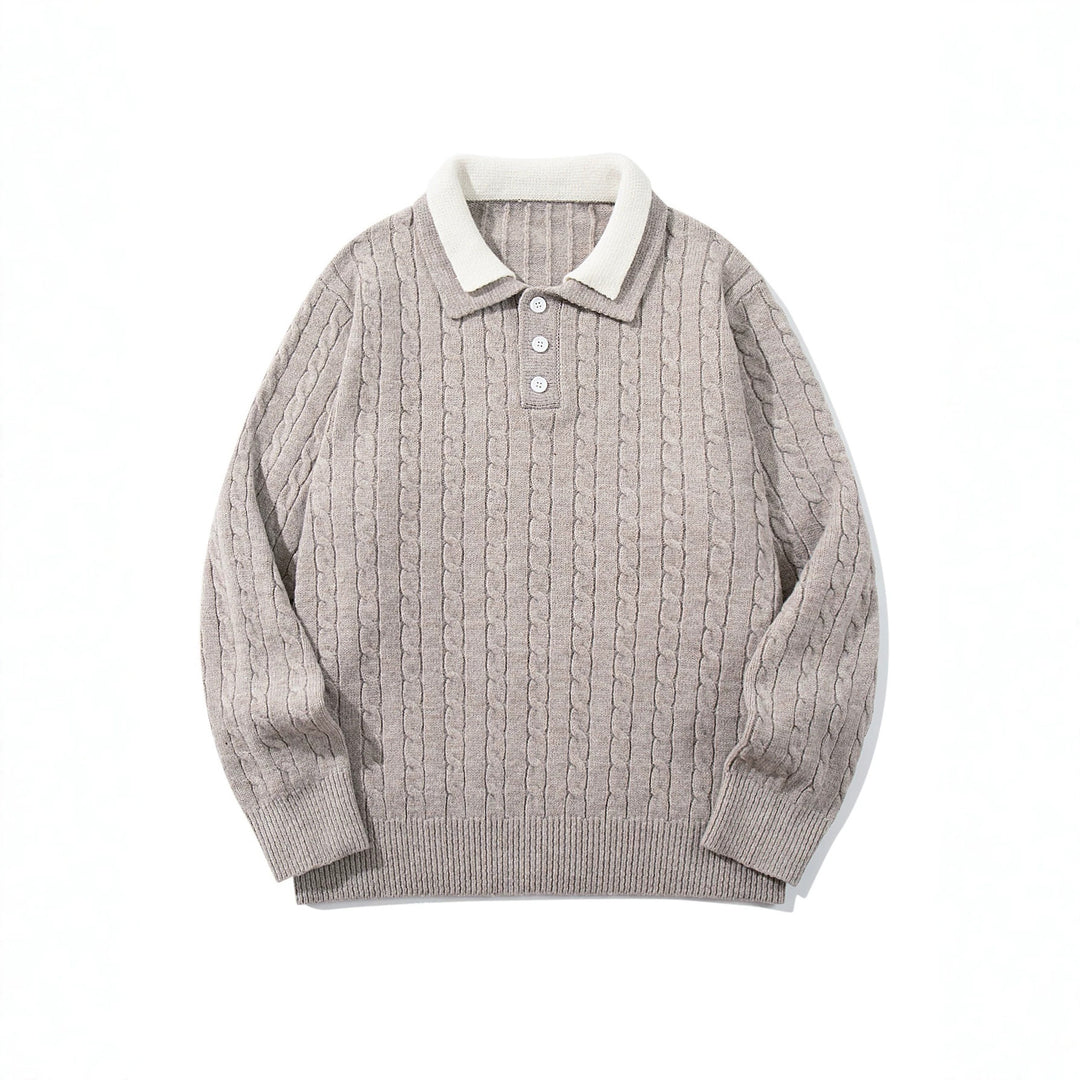 Unisex Polo-Strickpullover mit Zopfstrick und Kontrastkragen Drune