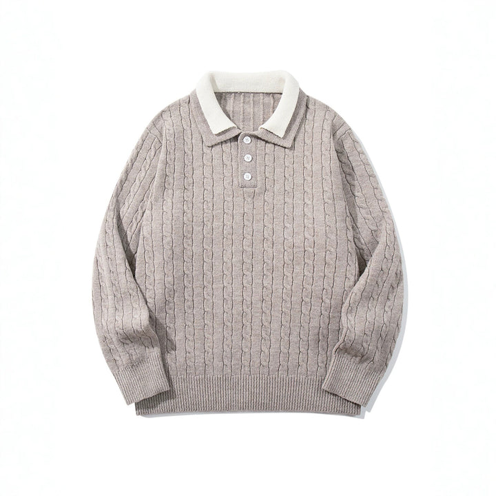 Unisex Polo-Strickpullover mit Zopfstrick und Kontrastkragen Drune