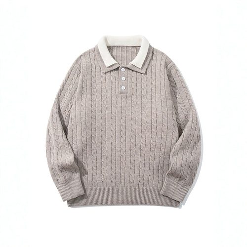Unisex Polo-Strickpullover mit Zopfstrick und Kontrastkragen Drune