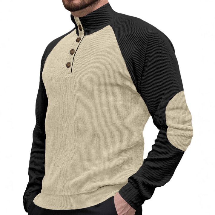 Herren nan zweifarbiger Ripptroyer mit asymmetrischer Knopfleiste und Velours-Ellbogenpatch Drune