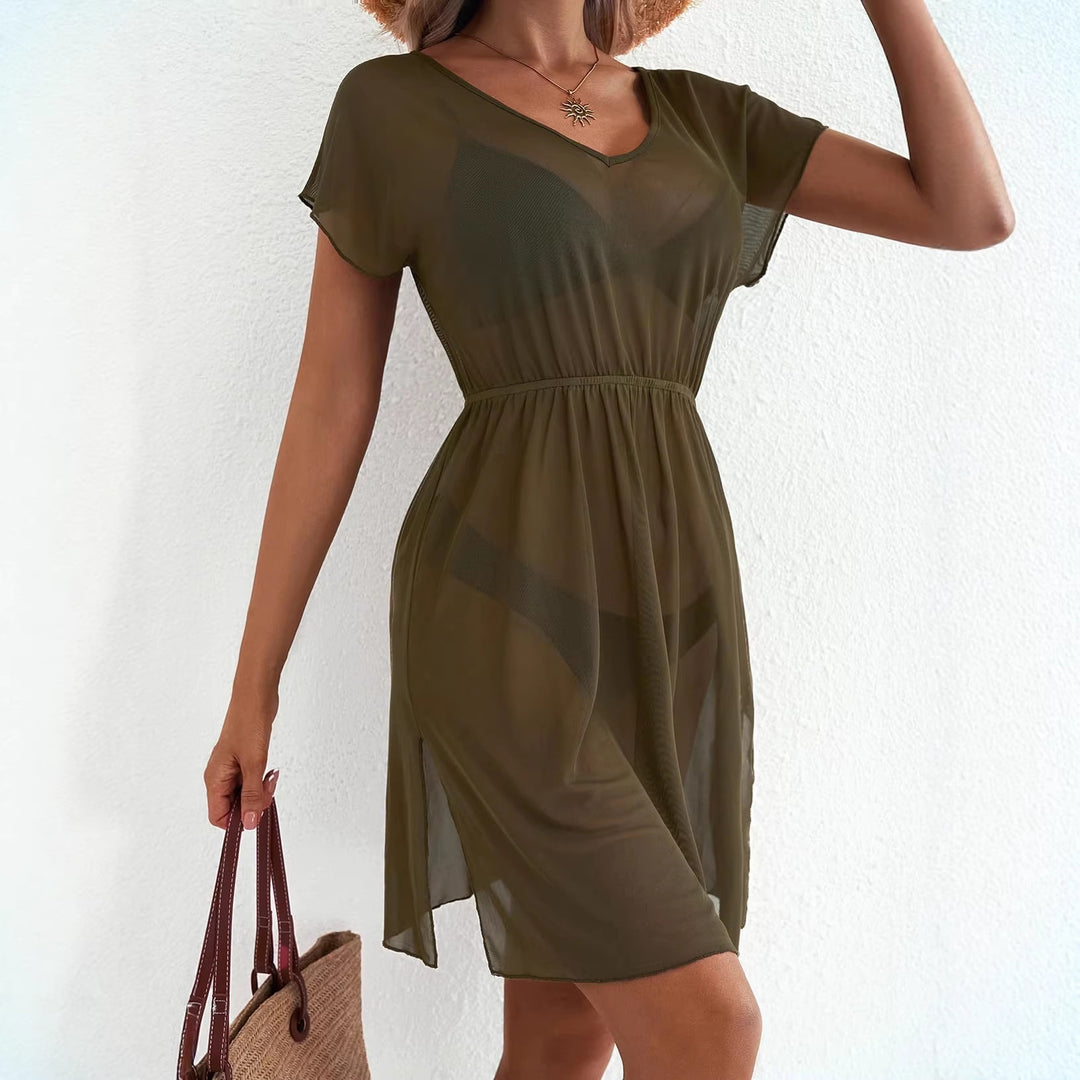 Damen Sommerkleid mit V-Ausschnitt, elastischer Taillenlinie und allover Blätterprint Drune