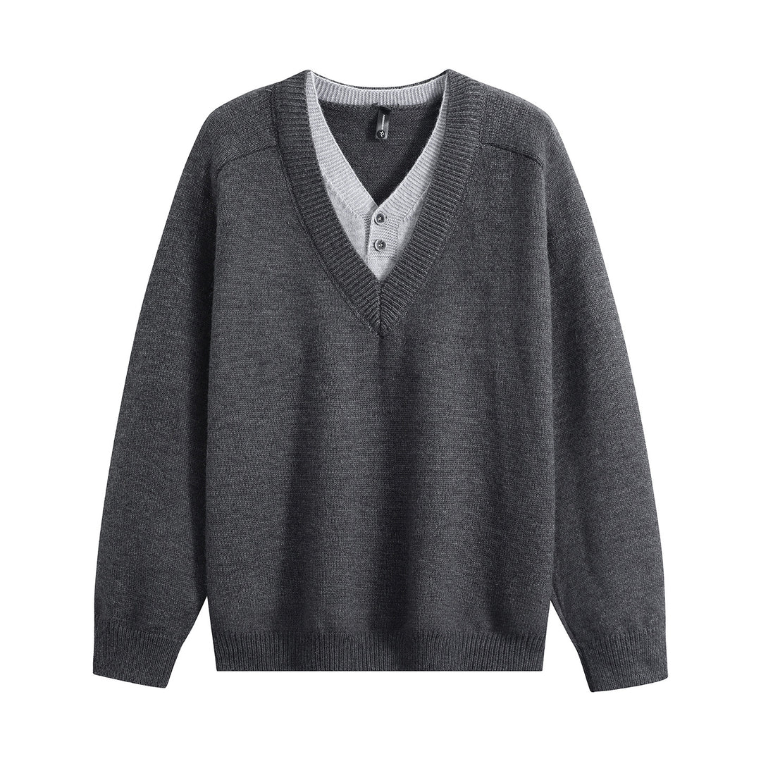 Unisex Oversize V‑Neck Strickpullover mit eingearbeiteter Henley-Optik Drune