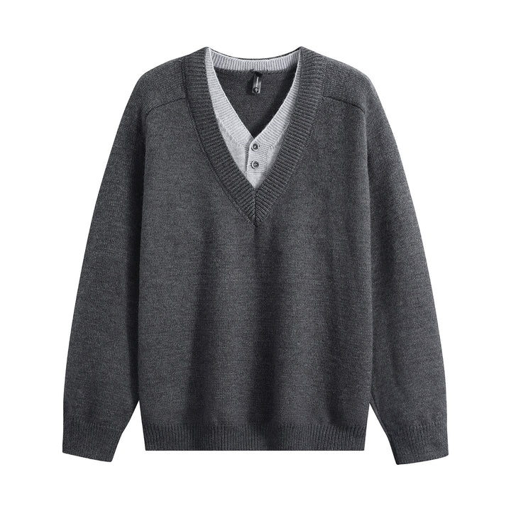 Unisex Oversize V‑Neck Strickpullover mit eingearbeiteter Henley-Optik Drune
