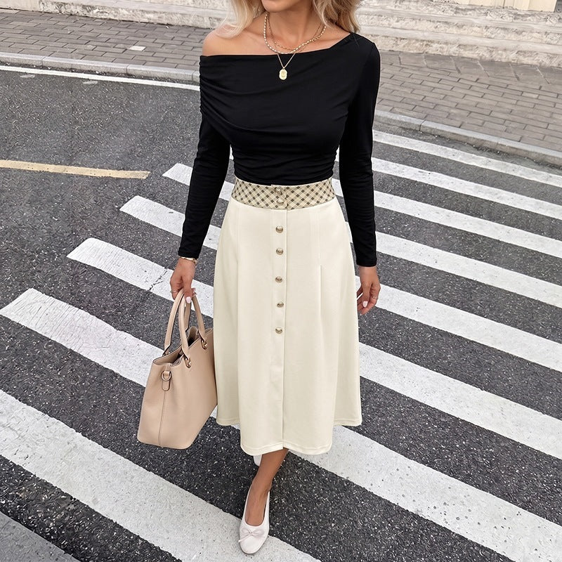 Damen Elegante Off-Shoulder Bluse und Midi-Rock Set Drune