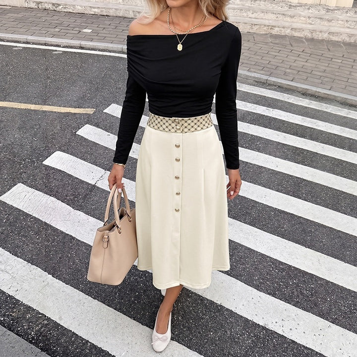 Damen Elegante Off-Shoulder Bluse und Midi-Rock Set Drune