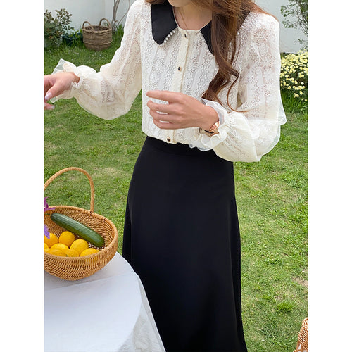 Damen elegante Bluse mit Spitzenkragen und dekorativen Knopfdetails Drune