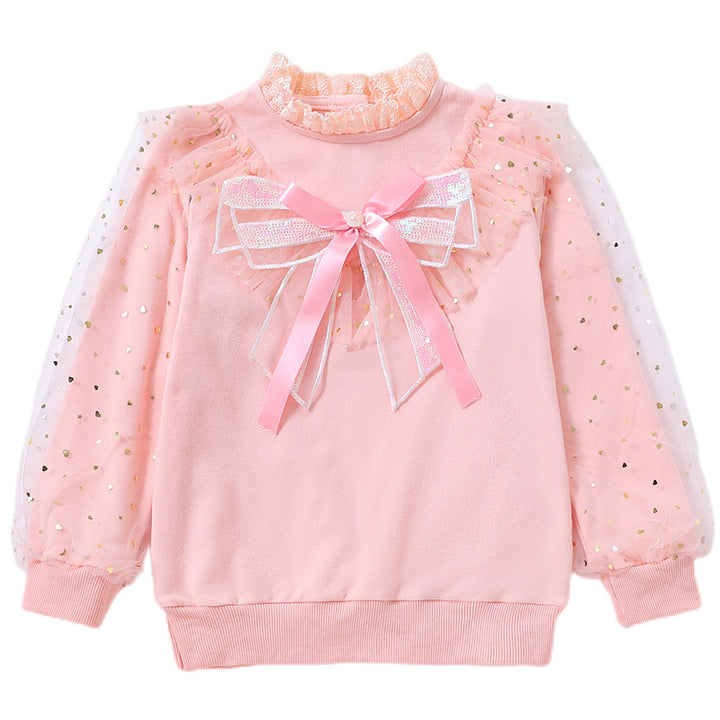 Mädchen modisches Sweatshirt mit dekorativen Tüllärmeln und Schleifendetails Drune